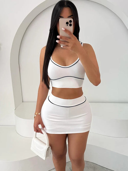 Weird Puss Casual Ribbed 2 Piece Set Women Black String Patchwork Tank