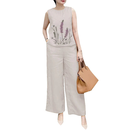 Fashion 2PCS Summer Outfits ZANZEA Sleeveless Embroidery Blouse Pant