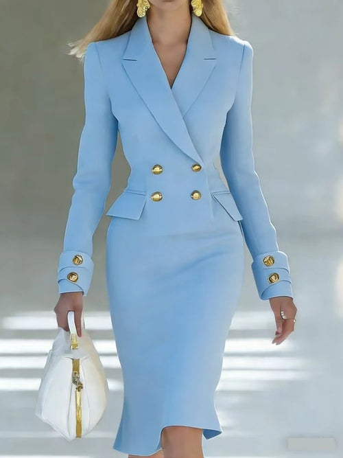 Elegant V-neck Double breasted Blazer Dress Fashion Commute Hight