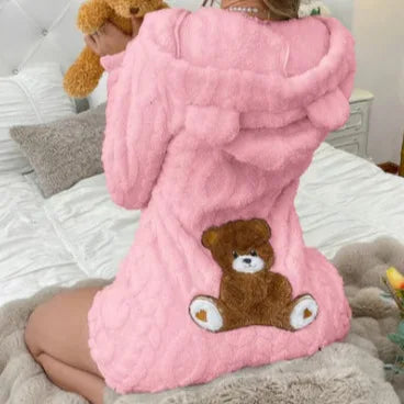Autumn Winter Plush Hoody Women's Jumpsuit Shorts 2026 New Fashion Embroidered Animal Bear Female Casual Home Wear Plush Rompers