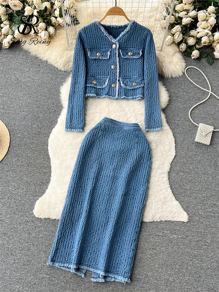 SINGREINY Women Office Lady Denim Suits 2023 Long Sleeves Autumn Blouse+Split Long Skirt Vintage Fashion Jeans Two Pieces Sets