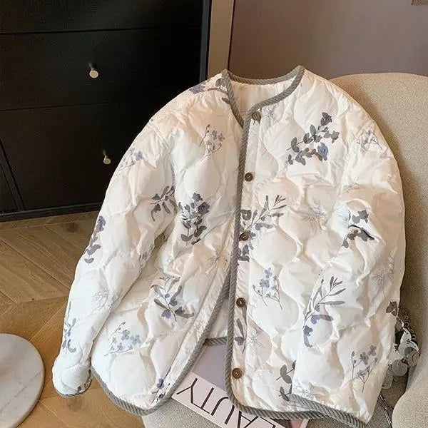 Vintage Floral Printed Cotton Coat Women's Clothing Trend Warm Autumn Winter Cotton-padded Jacket Light Thin Tops Long Sleeve