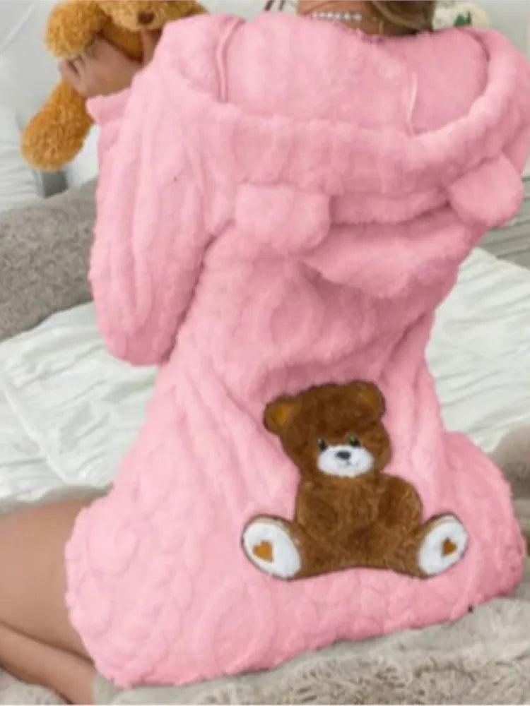Autumn Winter Plush Hoody Women's Jumpsuit Shorts 2026 New Fashion Embroidered Animal Bear Female Casual Home Wear Plush Rompers