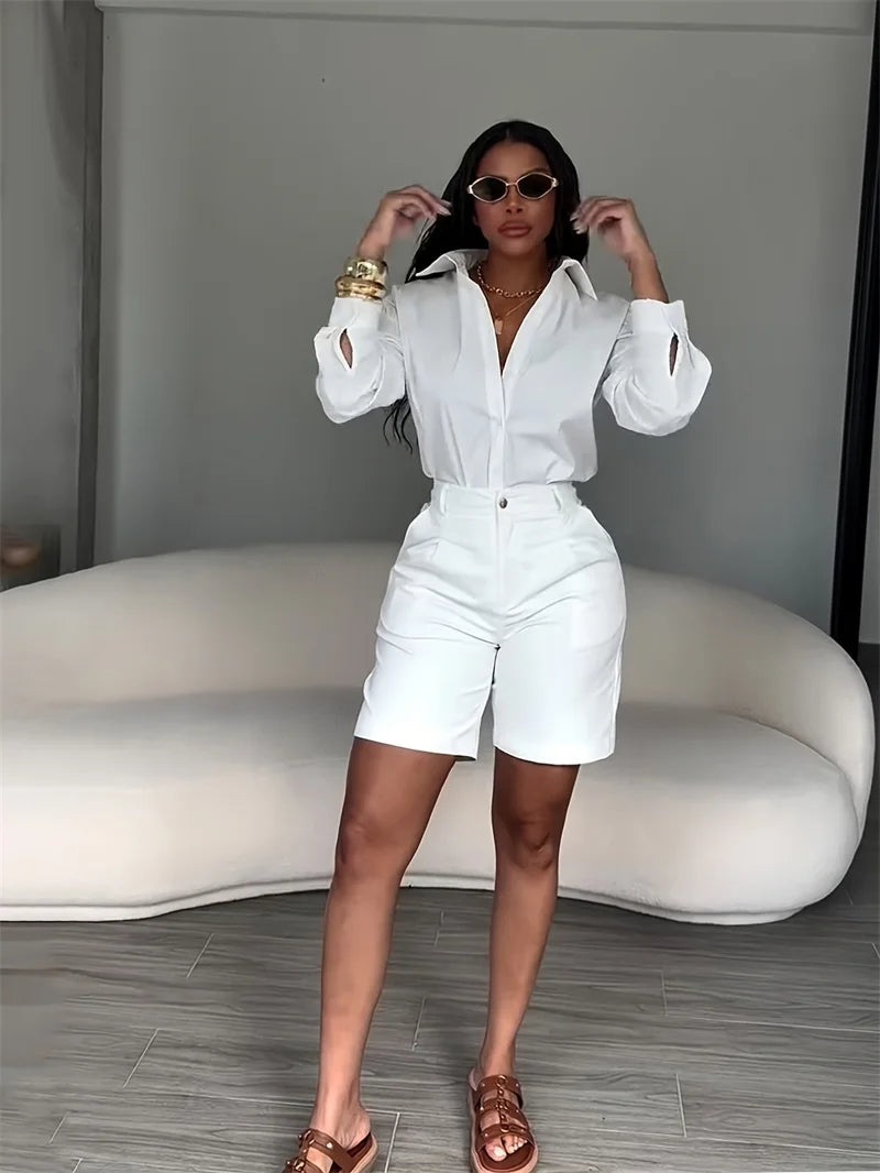 Doyerl Solid Elegant Fashion Two Piece Set Women Clothing Casual Long Sleeve Shirt Top and Shorts Matching Sets Ensembles Femme