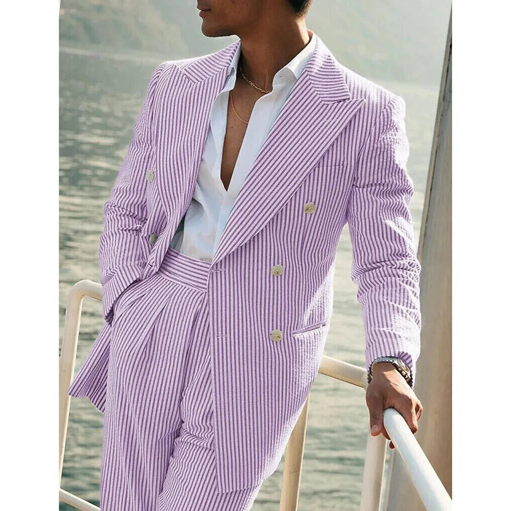 Light Pink Vertical Stripes Suits for Men Two-piece Set Summer Comfortable Linen Cotton Fabric Mens Suit for Casual Beach Party