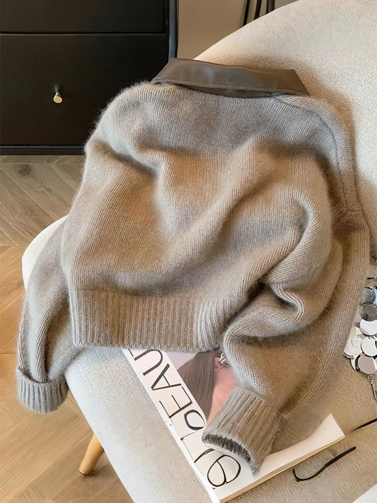Patchwork Zipper Cropped Cardigan Women 400g Thick Autumn Knitted