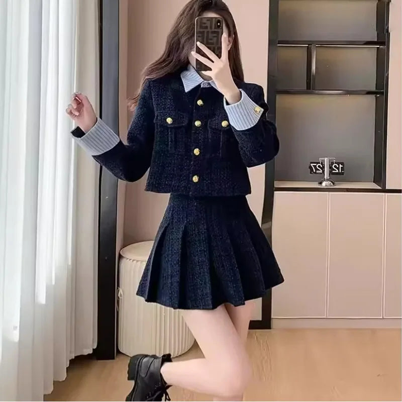 Korean High-End Small Fragrance Style Woolen Skirt Set Women's Autumn Winter Thicken Pleated Short Skirt Two-Piece Set
