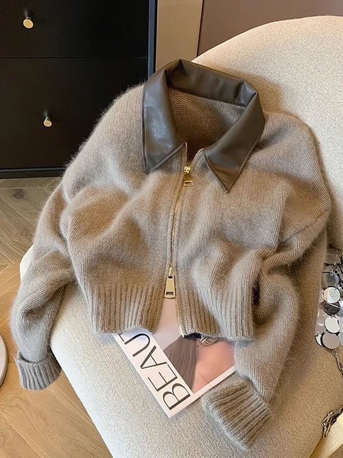 Patchwork Zipper Cropped Cardigan Women 400g Thick Autumn Knitted