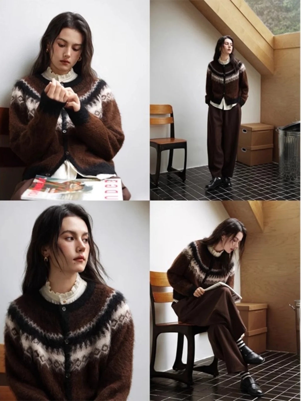 Nordic Style Womens Knitted Cardigan Sweater Alpaca Wool Retro Winter Autumn Color Block Jacquard Long Sleeve Casual Top