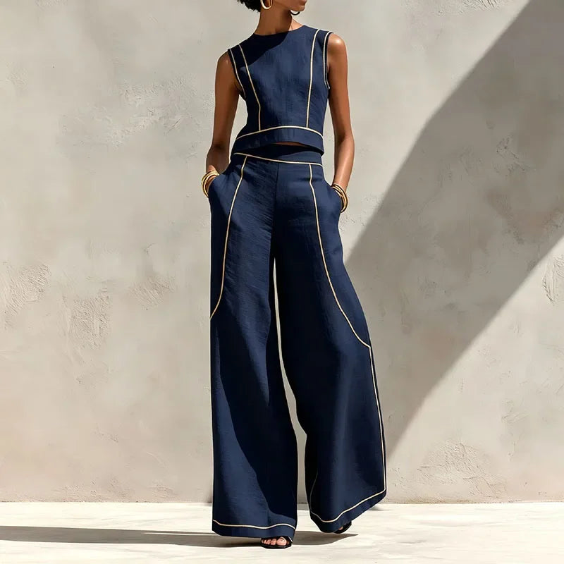 Vintage Striped Print Two Piece Suit Women Sleeveless Crop Vest Top Pocket High Waist Wide Leg Pants Sets Elegant Outfits