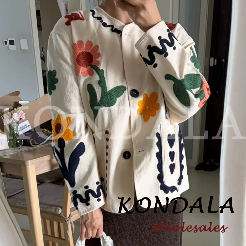 KONDALA Chic 2026 Vintage Autumn Modern Flower Embroidery Jacket Streetwear Pockets Single Breasted Loose Casual Female Outwear