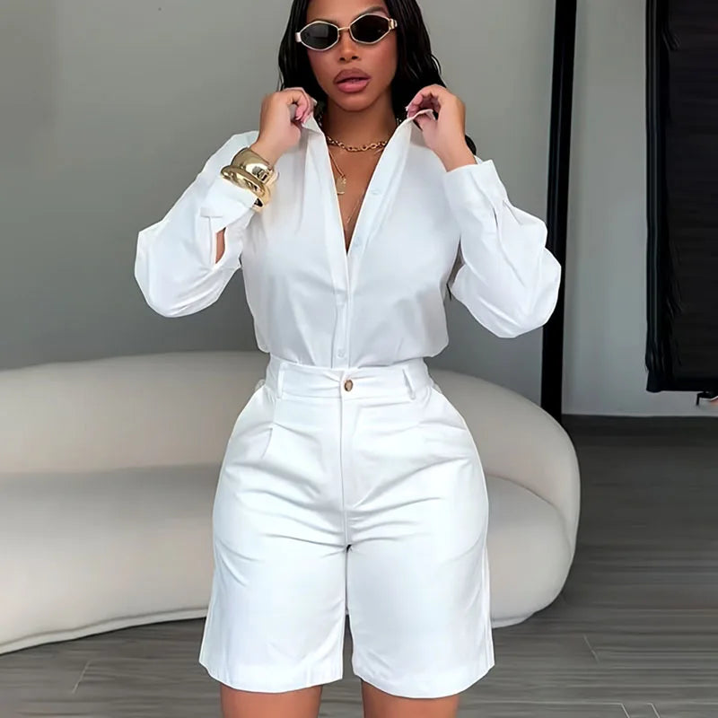 Doyerl Solid Elegant Fashion Two Piece Set Women Clothing Casual Long Sleeve Shirt Top and Shorts Matching Sets Ensembles Femme