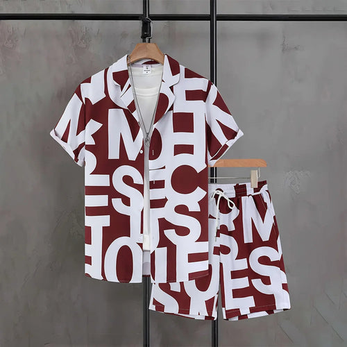 Men's Casual 2-Piece Shirt and Shorts Set, Plus Size Letter Print