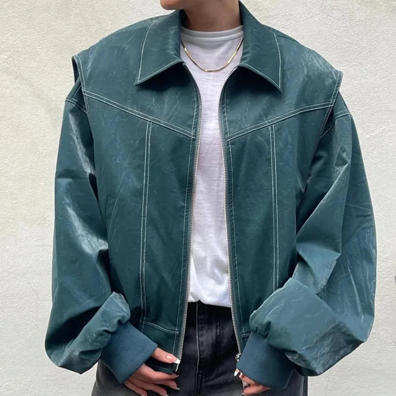 Autumn Winter Women's Vintage PU Jacket Street Fashion Zipper Leather Jacket Coat Handsome Patchwork Lapel Long Sleeve Outerwear