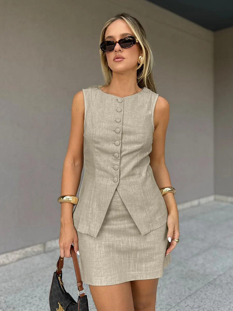 Bornladies 2026 Summer New Linen Vest  Mini Skirt Set Women's Buttoned Sleeveless Vest Short Skirt Two-Piece Outfit