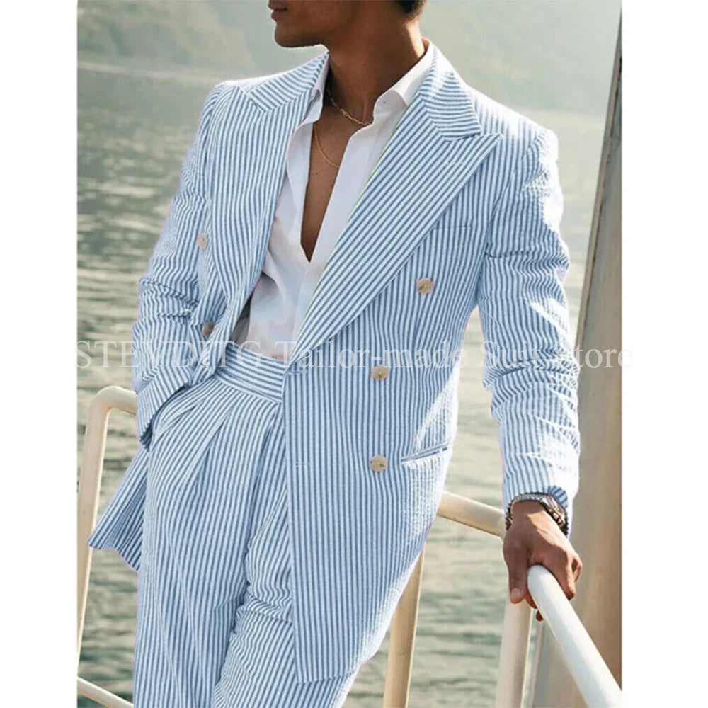 Light Pink Vertical Stripes Suits for Men Two-piece Set Summer Comfortable Linen Cotton Fabric Mens Suit for Casual Beach Party