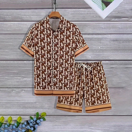 Men's Casual 2-Piece Shirt and Shorts Set, Plus Size Letter Print