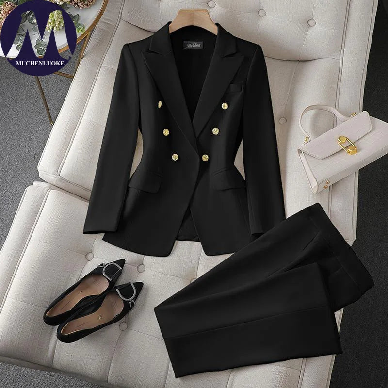 Women's Korean Fashion Two-Piece Set Long Sleeve Blazer And Wide Leg