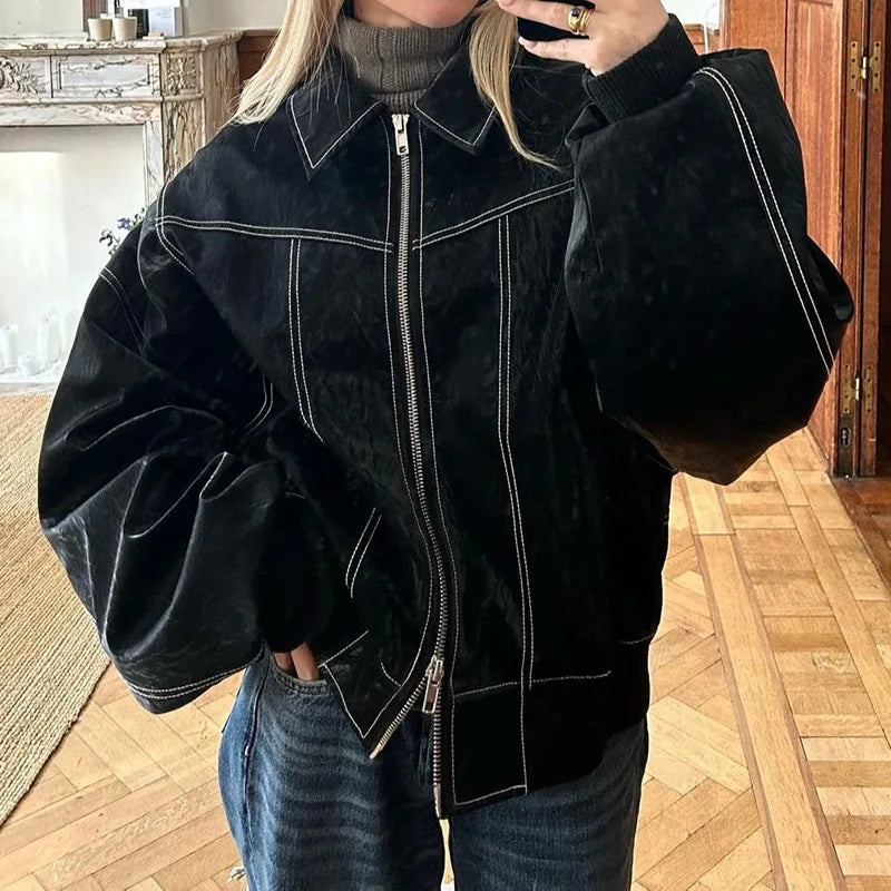 Autumn Winter Women's Vintage PU Jacket Street Fashion Zipper Leather Jacket Coat Handsome Patchwork Lapel Long Sleeve Outerwear