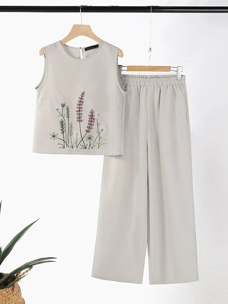 Fashion 2PCS Summer Outfits ZANZEA Sleeveless Embroidery Blouse Pant