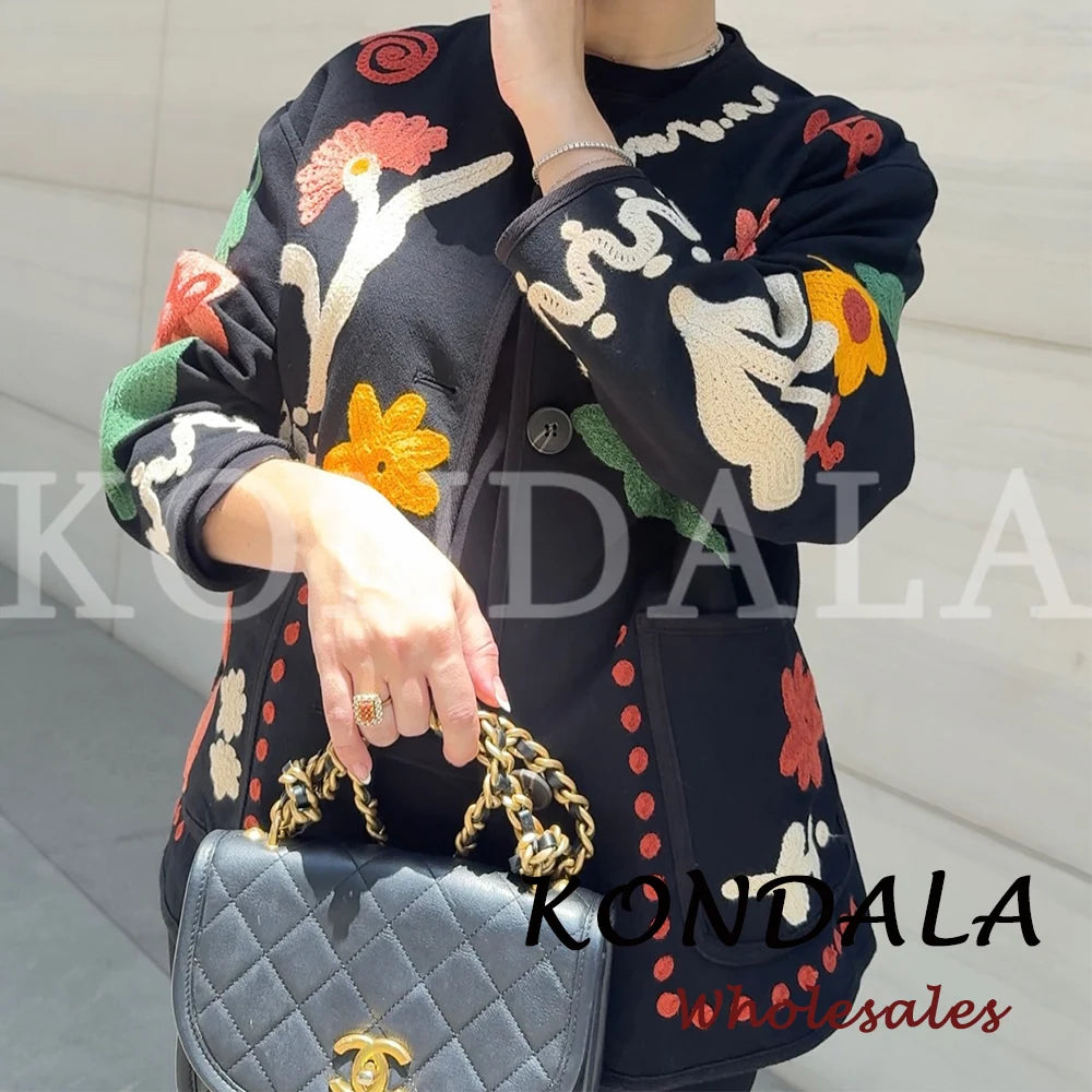 KONDALA Chic 2026 Vintage Autumn Modern Flower Embroidery Jacket Streetwear Pockets Single Breasted Loose Casual Female Outwear