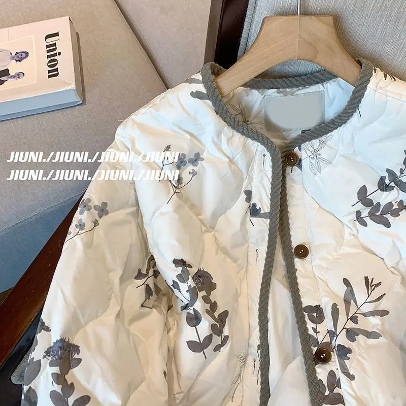 Vintage Floral Printed Cotton Coat Women's Clothing Trend Warm Autumn Winter Cotton-padded Jacket Light Thin Tops Long Sleeve