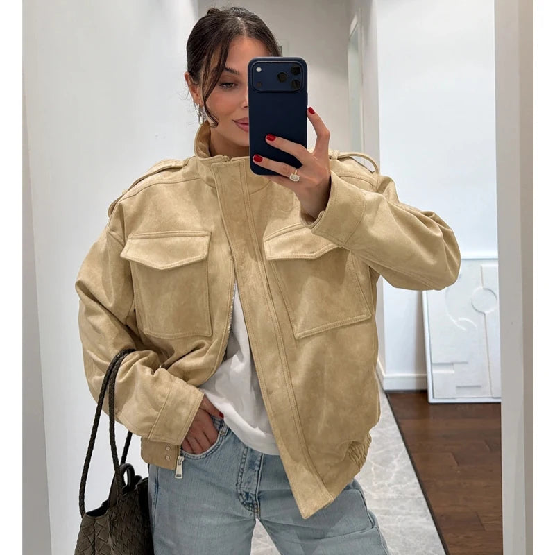 MUJER Suede Bomber Jacket Woman Oversized Demi-season Jackets for Women Outerwears Winter Overcoat Female Zip Women's Jackets