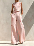 Vintage Striped Print Two Piece Suit Women Sleeveless Crop Vest Top Pocket High Waist Wide Leg Pants Sets Elegant Outfits