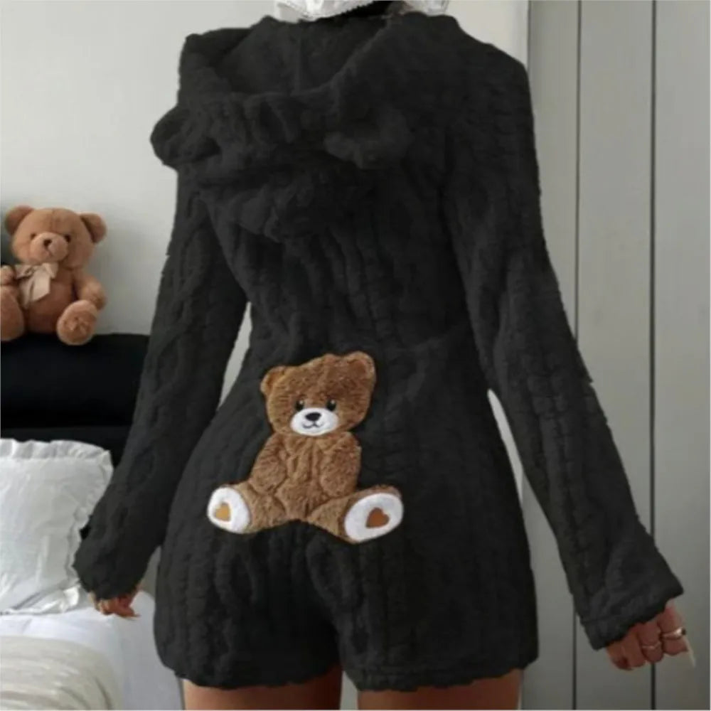 Autumn Winter Plush Hoody Women's Jumpsuit Shorts 2026 New Fashion Embroidered Animal Bear Female Casual Home Wear Plush Rompers