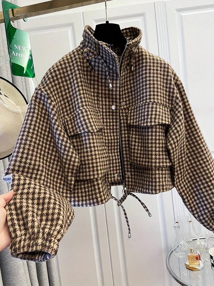 Fall/Winter 2026 New Arrivals: Women's Spring/Fall Casual Houndstooth Cropped Jacket—Fashionable Street Style