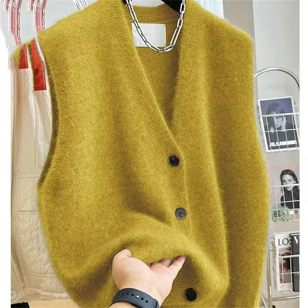 2025 NEW Women V-neck Sweater Vest Coat Female Fashion Sleeveless Knitted Cardigan Sweaters Vests Korean Style Clothes Top