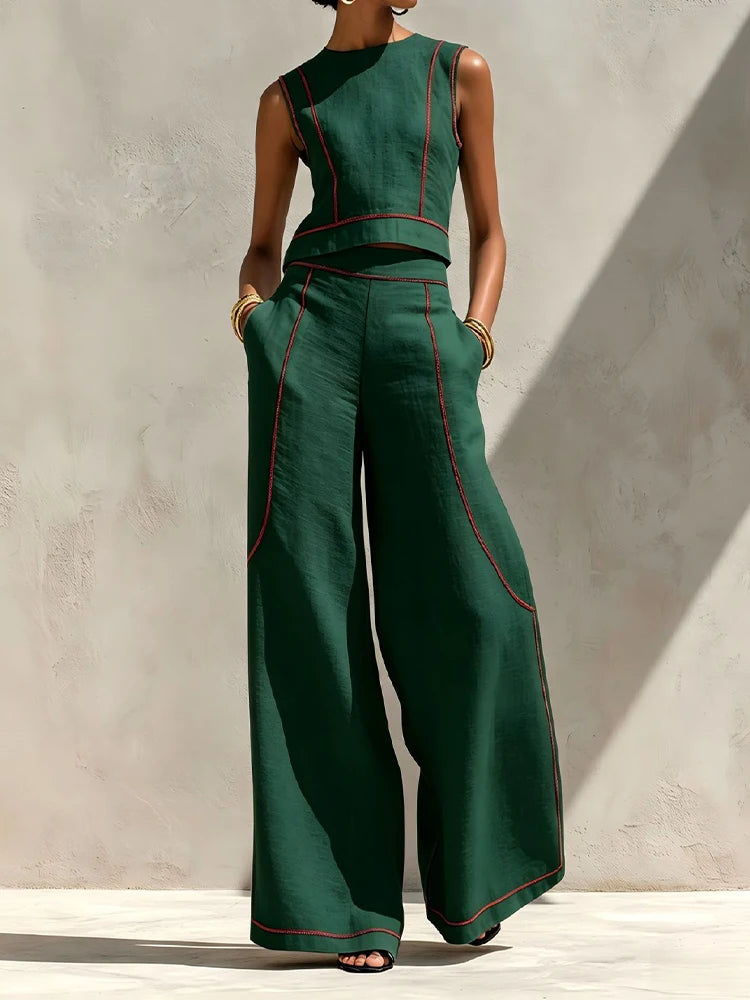 Vintage Striped Print Two Piece Suit Women Sleeveless Crop Vest Top Pocket High Waist Wide Leg Pants Sets Elegant Outfits