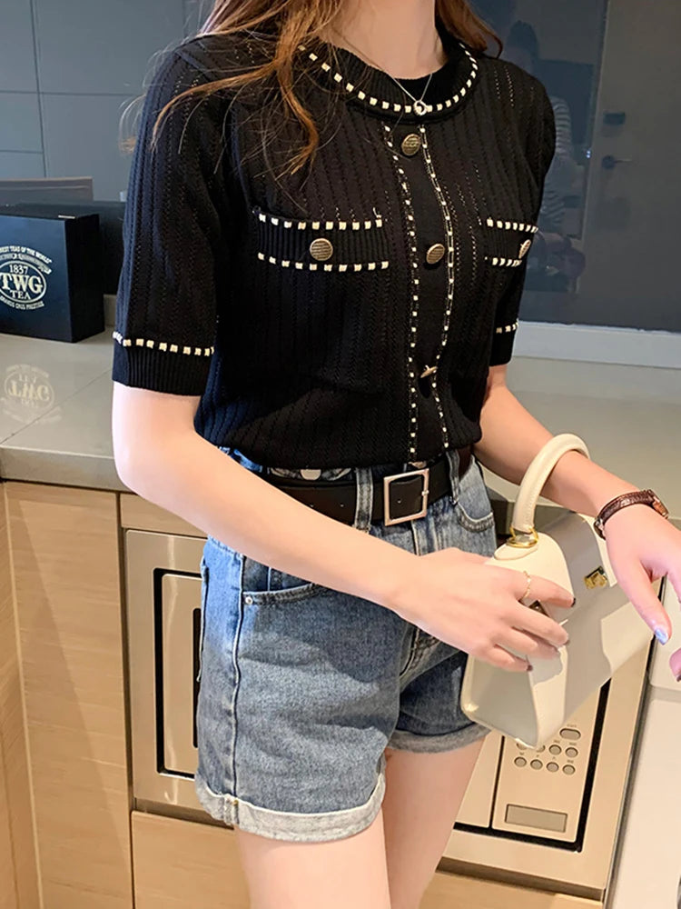 White Tshirt Women Summer 2024 Short Sleeve Top Ladies Pockets Basic T Shirts Knitted Casual Clothes Tee Shirt Femme