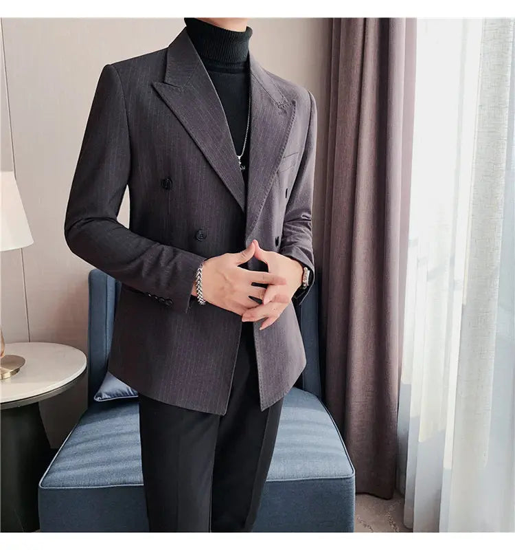 Men Blazer Jackets High Quality Autumn New Double Breasted Men's Striped Blazers Slim Fit Business Formal Wear Suit Coats Male