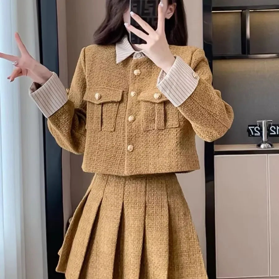 Korean High-End Small Fragrance Style Woolen Skirt Set Women's Autumn Winter Thicken Pleated Short Skirt Two-Piece Set