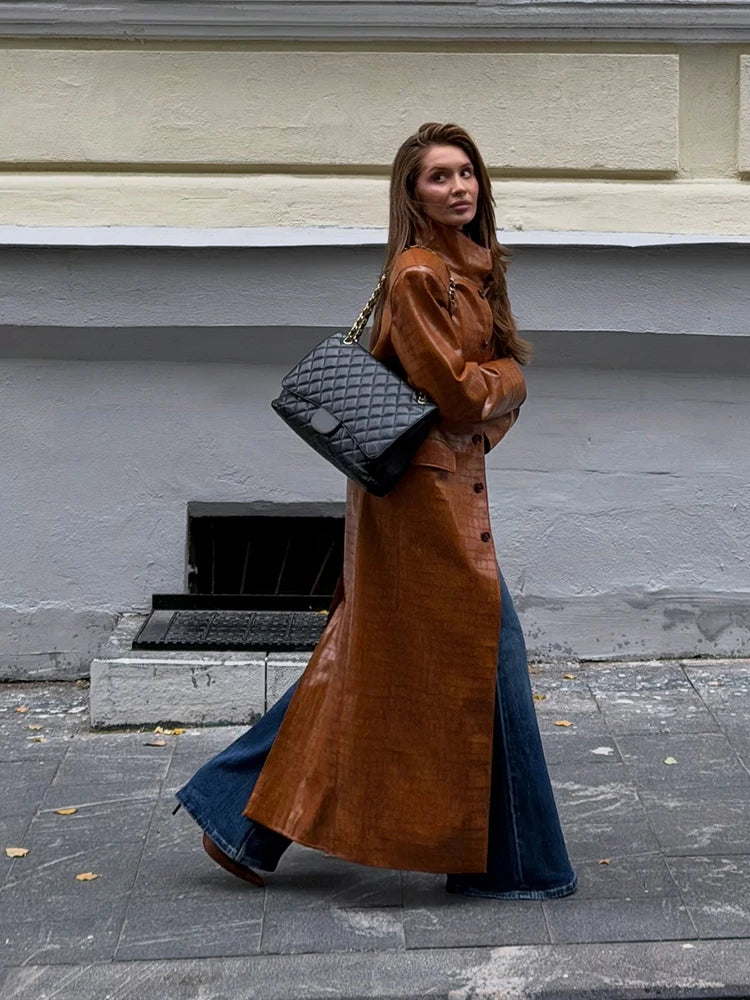 Trendy High Neck Croc Embossed Faux Leather Long Coat Single Breasted
