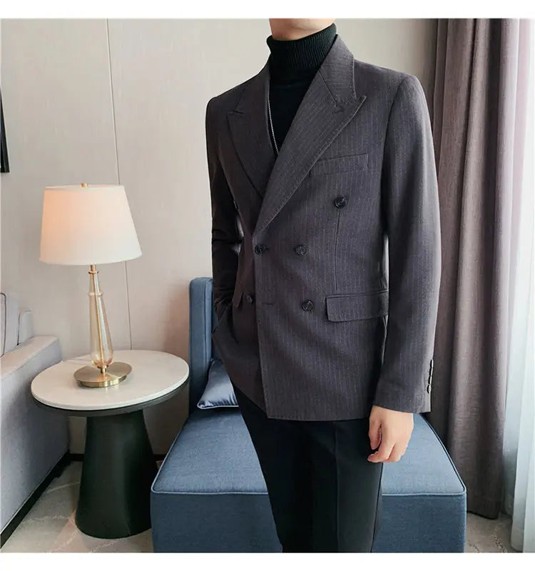 Men Blazer Jackets High Quality Autumn New Double Breasted Men's Striped Blazers Slim Fit Business Formal Wear Suit Coats Male