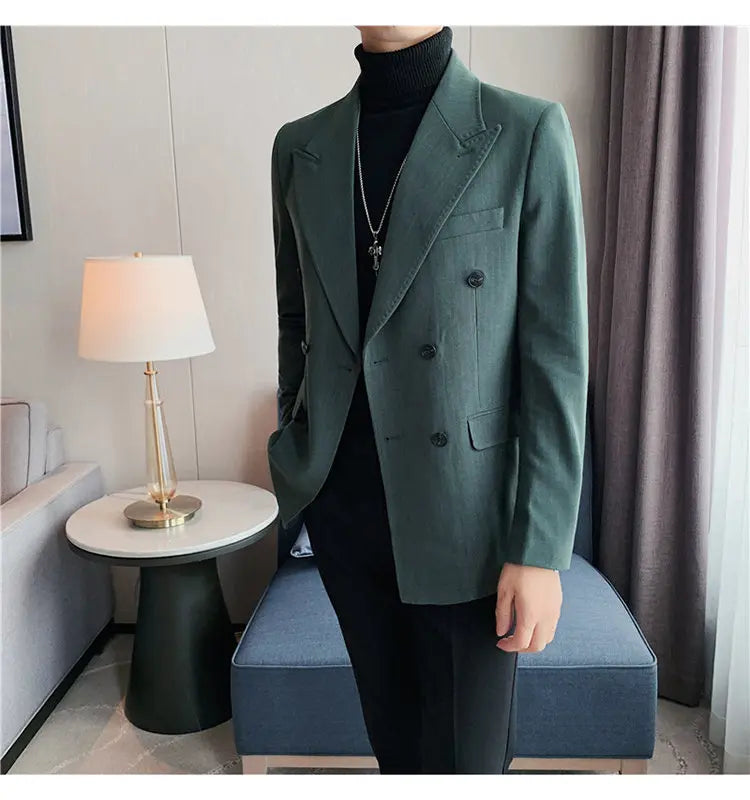Men Blazer Jackets High Quality Autumn New Double Breasted Men's Striped Blazers Slim Fit Business Formal Wear Suit Coats Male