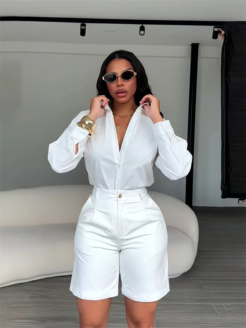 Doyerl Solid Elegant Fashion Two Piece Set Women Clothing Casual Long Sleeve Shirt Top and Shorts Matching Sets Ensembles Femme