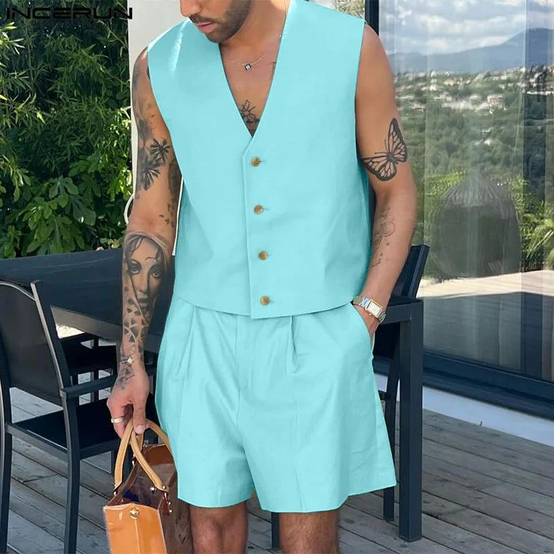 INCERUN Men Sets Solid Color V Neck Sleeveless Crop Vests & Shorts Two