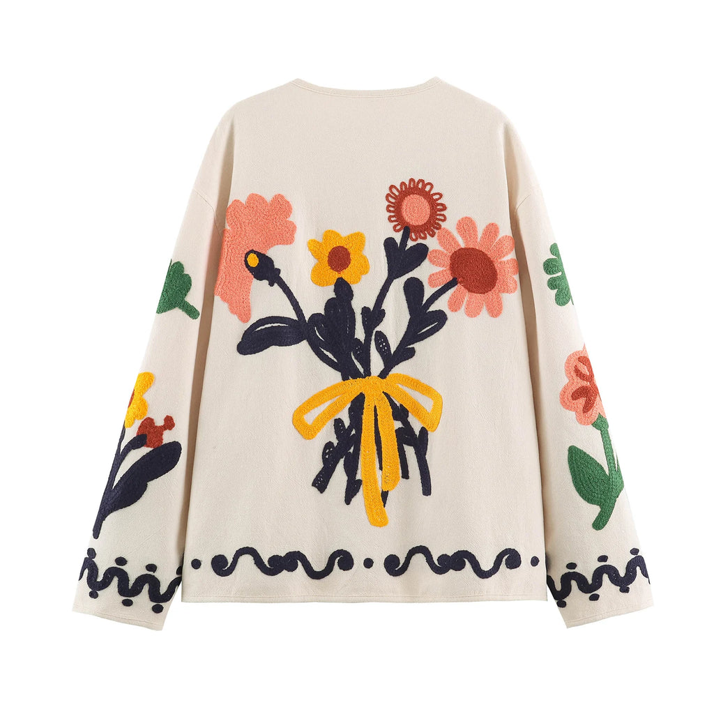KONDALA Chic 2026 Vintage Autumn Modern Flower Embroidery Jacket Streetwear Pockets Single Breasted Loose Casual Female Outwear