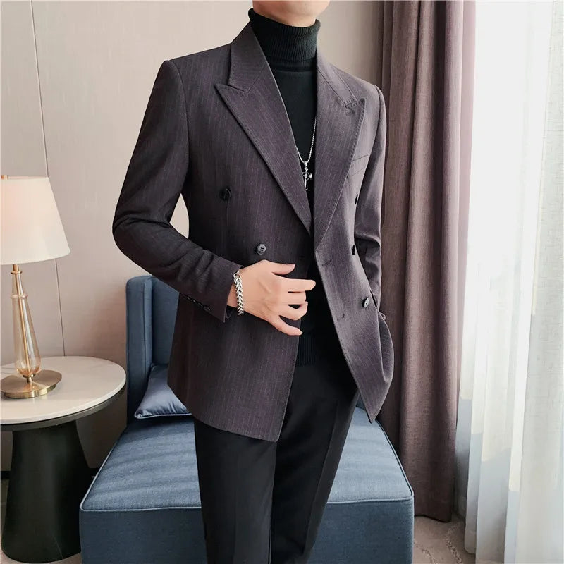 Men Blazer Jackets High Quality Autumn New Double Breasted Men's Striped Blazers Slim Fit Business Formal Wear Suit Coats Male