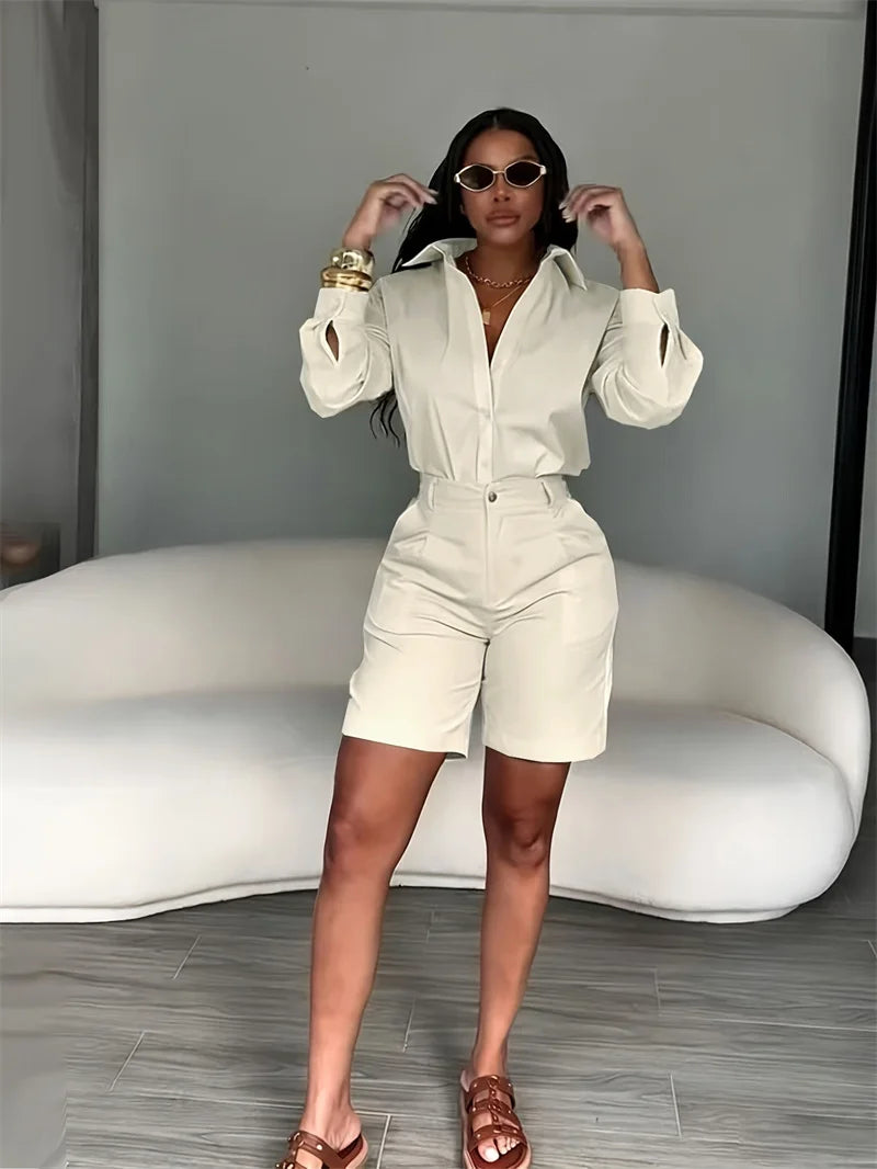 Doyerl Solid Elegant Fashion Two Piece Set Women Clothing Casual Long Sleeve Shirt Top and Shorts Matching Sets Ensembles Femme
