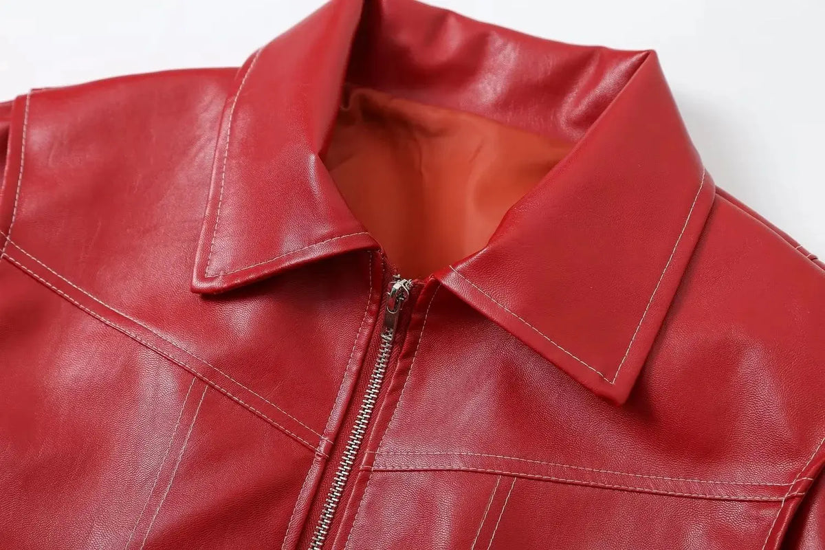 Autumn Winter Women's Vintage PU Jacket Street Fashion Zipper Leather Jacket Coat Handsome Patchwork Lapel Long Sleeve Outerwear
