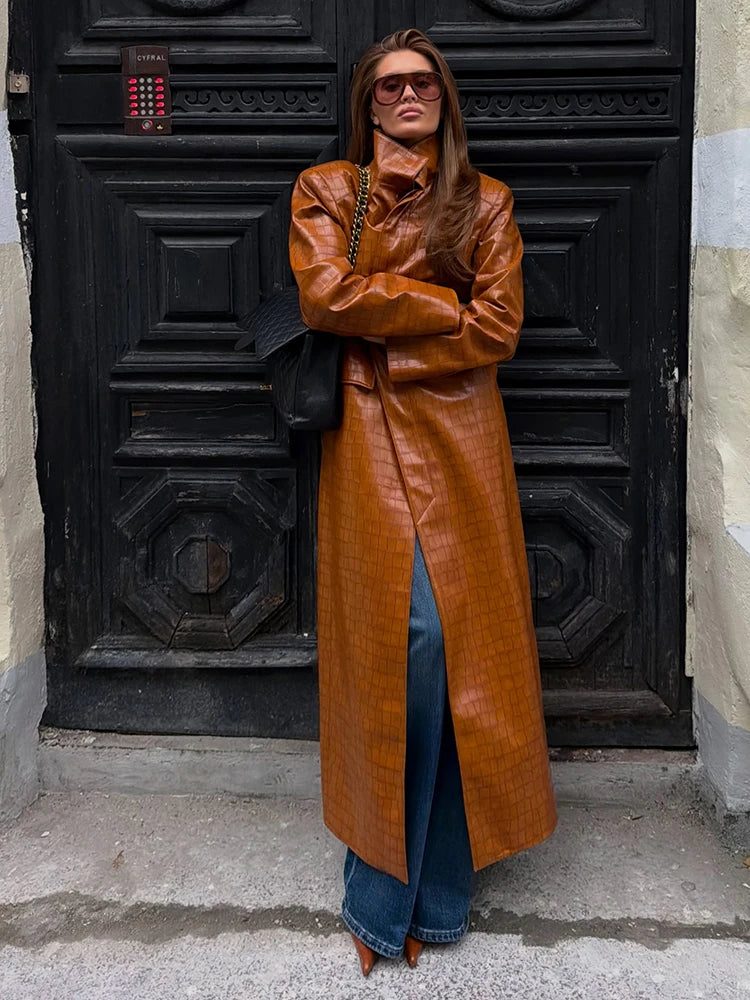 Trendy High Neck Croc Embossed Faux Leather Long Coat Single Breasted