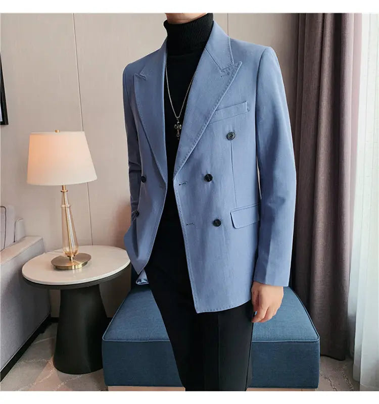 Men Blazer Jackets High Quality Autumn New Double Breasted Men's Striped Blazers Slim Fit Business Formal Wear Suit Coats Male