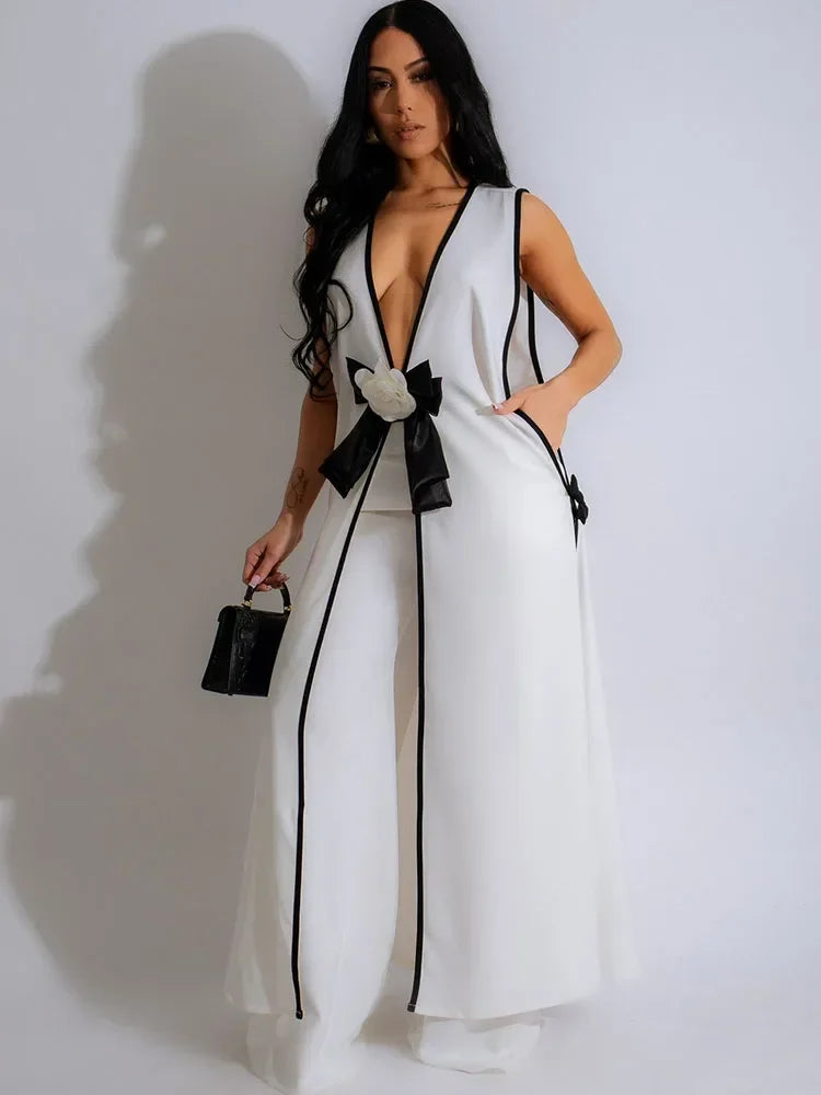 Bow Tie Appliques V-neck Sleeveless Long Top and Wide Leg Pants