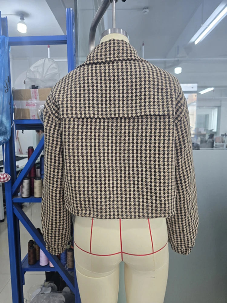 Fall/Winter 2026 New Arrivals: Women's Spring/Fall Casual Houndstooth Cropped Jacket—Fashionable Street Style