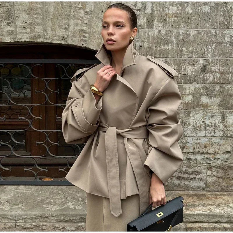 Solid Laepl Lace Up Trench Coat Women Fashion Full Sleeve Waist Cinching Short Windbreak 2026 New Autumn Office Commute Outwear
