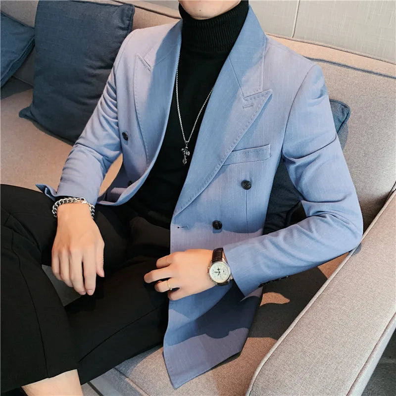 Men Blazer Jackets High Quality Autumn New Double Breasted Men's Striped Blazers Slim Fit Business Formal Wear Suit Coats Male